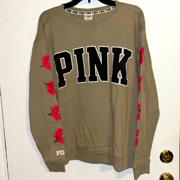 PINK Victoria's Secret Tops - EUC VS Pink army green with embroidered flowers on sleeve oversized sweatshirt